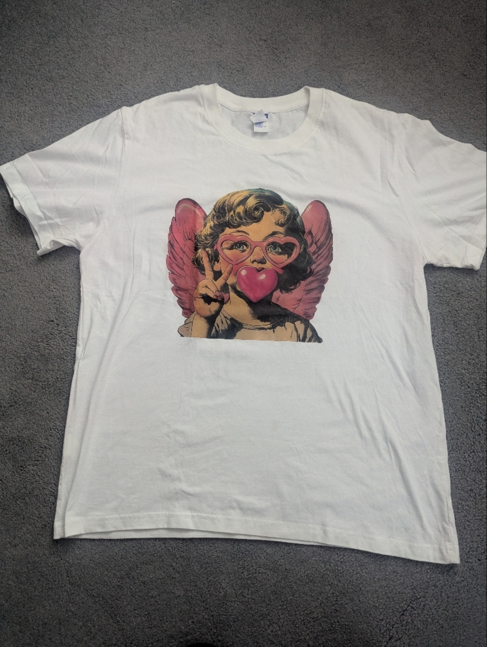White Tee with Pink Cupid Angel Graphic.